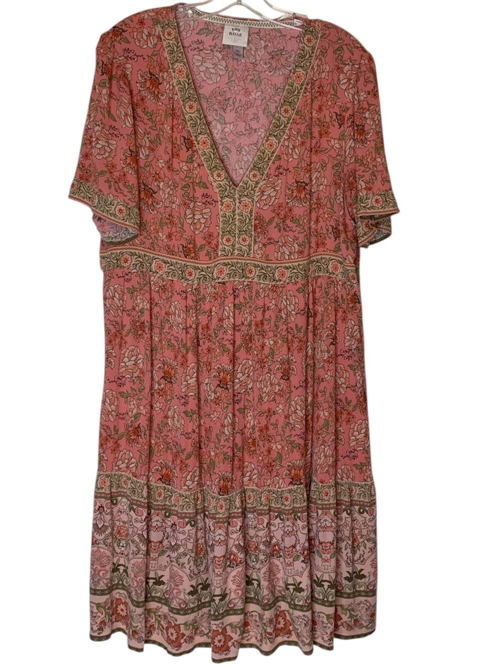 Knox Rose Boho Coral Floral Tiered Midi Dress V-Neck XL - Picture 5 of 7